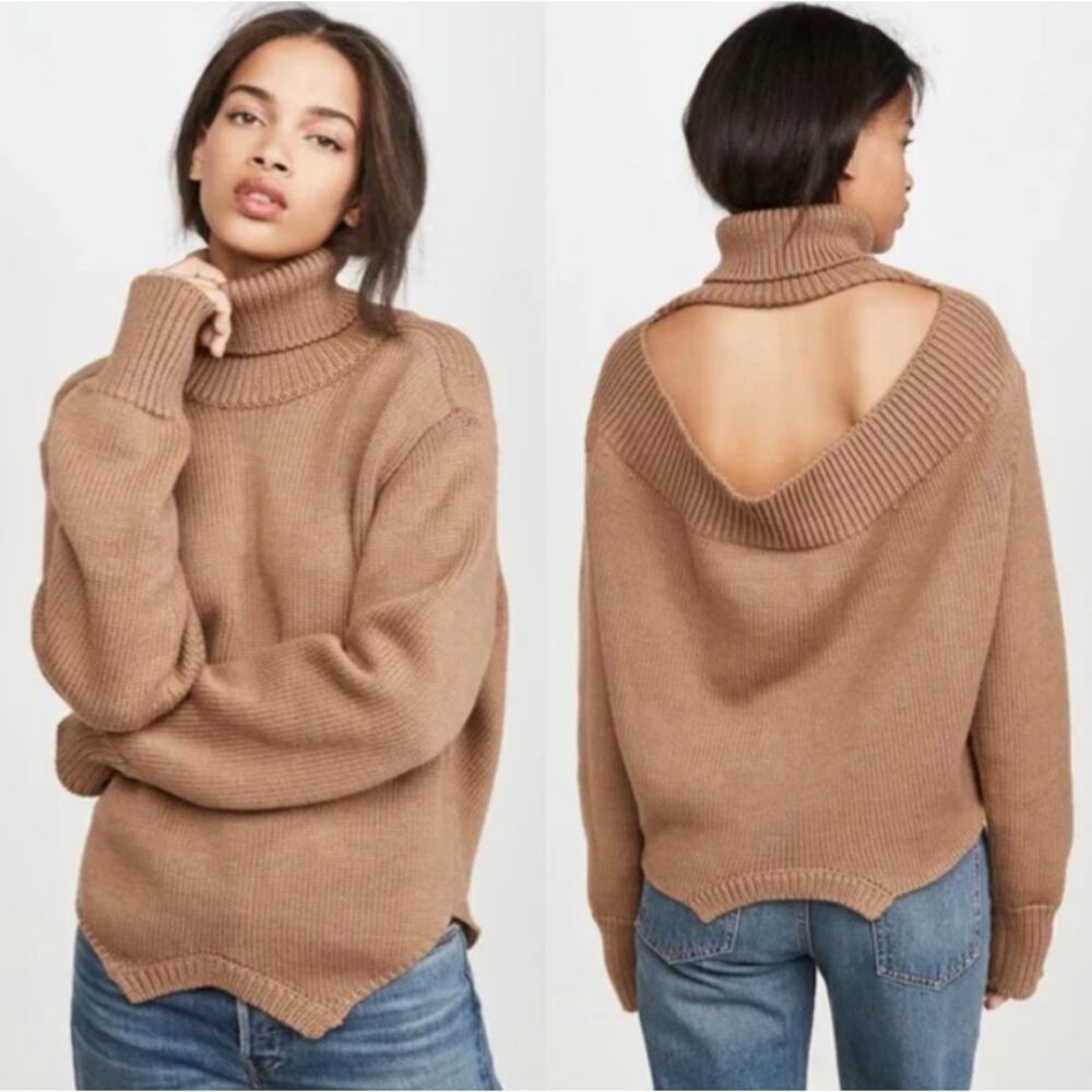 MONSE Upside Down Oversized Cutout Merino Wool Turtleneck Sweater Italy Taupe XS